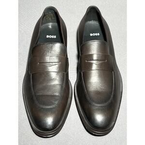 HUGO BOSS Derreck Penny Loafer Calfskin Leather Italian Crafted Brown Men 7.5 US